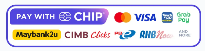 CHIP, FPX, Visa, Mastercard, Touch n Go, GrabPay, Maybank2u, CIMB Clicks, dan lagi